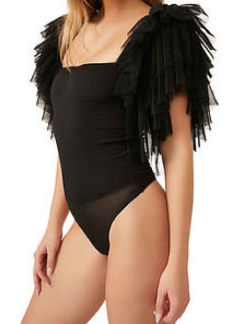 NWOT Free People Intimately Kill the Lights Bodysuit Black Tulle Ruffle Sleeve.S